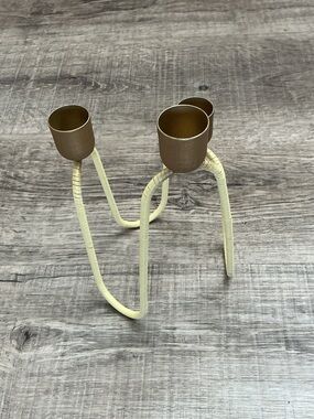 candelabra candle holder 3 Arms Wavy Yellow Wicker Wrapped Gold Votives